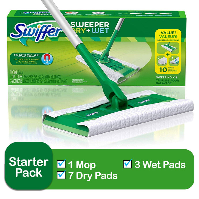 Swiffer Sweeper Cleaner Dry and Wet Mop Starter Kit for Cleaning Hardwood and Floors, Includes: 1 Mop, 7 Dry Cloths, 3 Wet Cloths